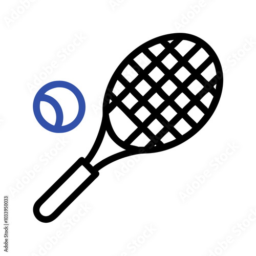 Tennis Racket Icon with Ball in Blue and Black Minimalist Style
