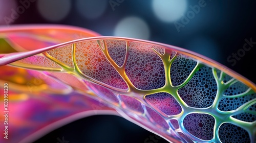 Bioluminescent Network, colorful organic lattice with vibrant hues against a soft-focus background, futuristic detail.
