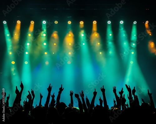 Powerful silhouette of fans in a concert setting, highlighted by vibrant stage lights, illustrating the unity and excitement of live music