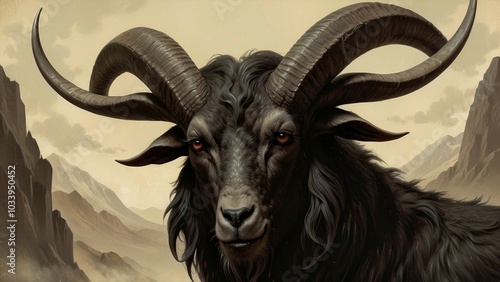 Vintage illustration of demonic black goat. Postal card. Portrait of a black goat in the mountains