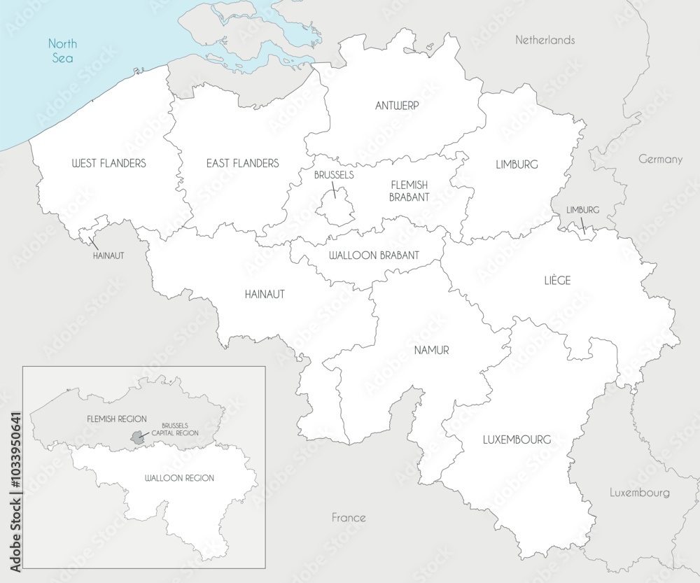 Vector map of Belgium with regions, provinces and administrative divisions, and neighbouring countries and territories. Editable and clearly labeled layers. Vector map of Belgium with regions, provinces and administrative divisions, and neighbouring countries and territories. Editable and clearly labeled layers.
