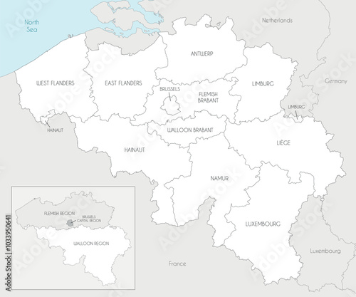Vector map of Belgium with regions, provinces and administrative divisions, and neighbouring countries and territories. Editable and clearly labeled layers.