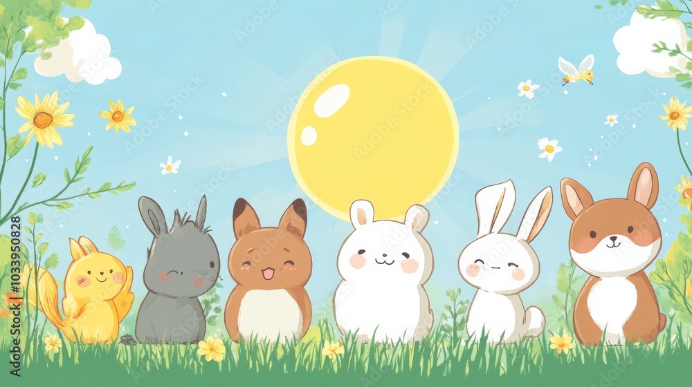 Naklejka premium Cute Cartoon Animals in Sunny Meadow