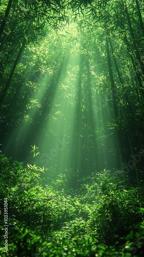 Sunlight Piercing Through Foggy Bamboo Forest