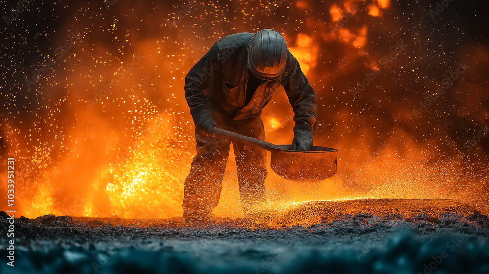 Workers work in a steel mill, surrounded by molten steel. Workers work in a steel mill, surrounded by molten steel.