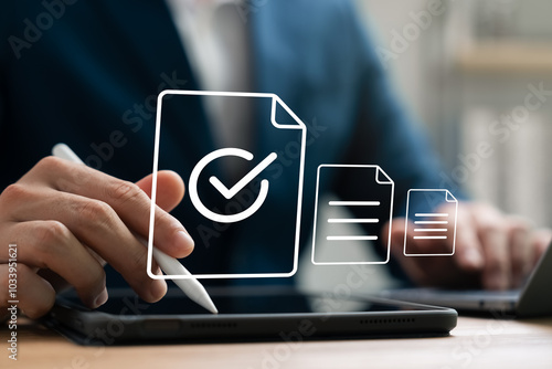 Smart Document Audit Checklist, Businessman Using Tablet and Laptop to Work on Digital Electronic Document , Standardization, Certification Management, Document Approval, Digital form.