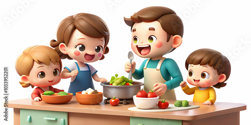 Family Cooking Dinner Together: A Candid Shot of Love and Teamwork in a Cozy Kitchen with Copy Space for Text in Photo Stock Concept