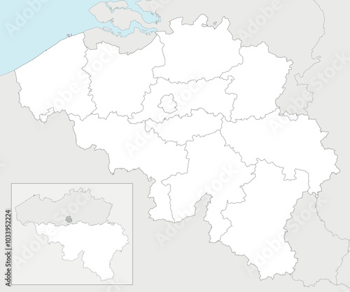 Vector blank map of Belgium with regions, provinces and administrative divisions, and neighbouring countries and territories. Editable and clearly labeled layers.