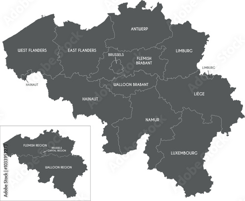 Vector map of Belgium with regions, provinces and administrative divisions. Editable and clearly labeled layers.