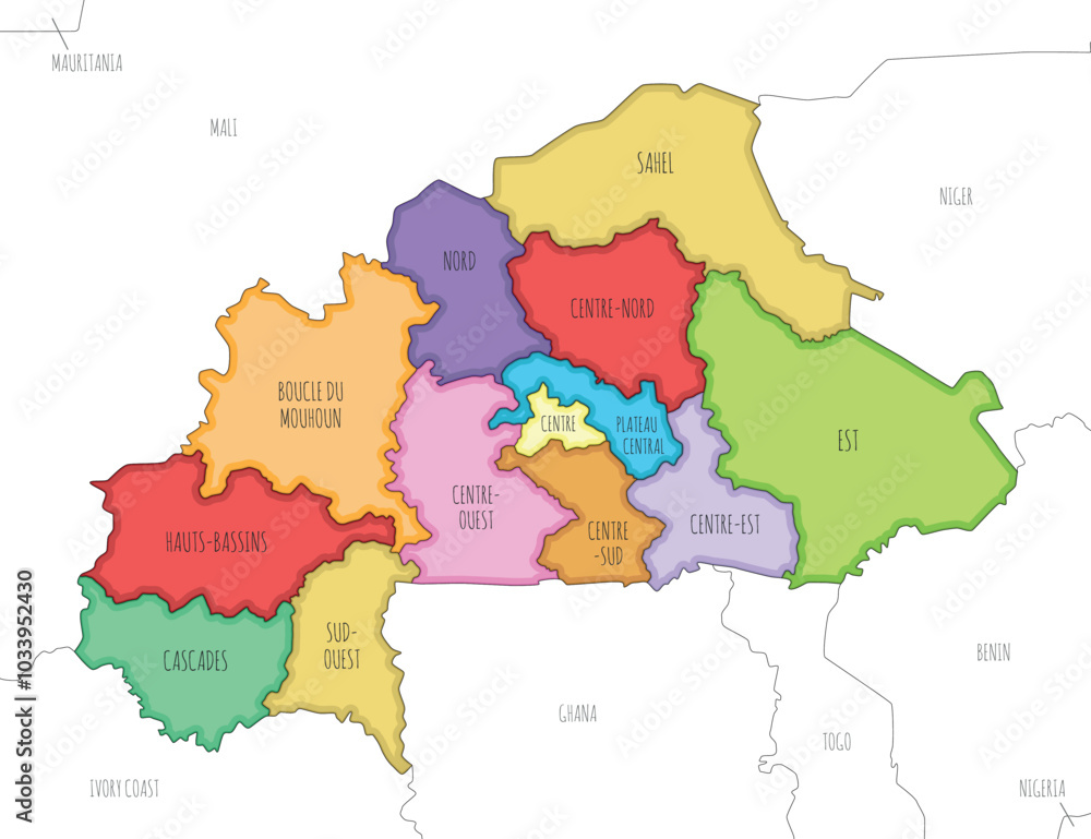 Obraz premium Vector illustrated map of Burkina Faso with regions and administrative divisions, and neighbouring countries and territories. Editable and clearly labeled layers.