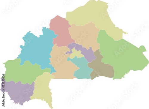 Vector blank map of Burkina Faso with regions or territories and administrative divisions. Editable and clearly labeled layers.