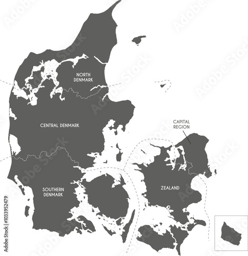 Vector map of Denmark with regions or territories and administrative divisions. Editable and clearly labeled layers.