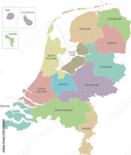 Vector regional map of Netherlands with provinces, Caribbean special municipalities and administrative divisions. Editable and clearly labeled layers.