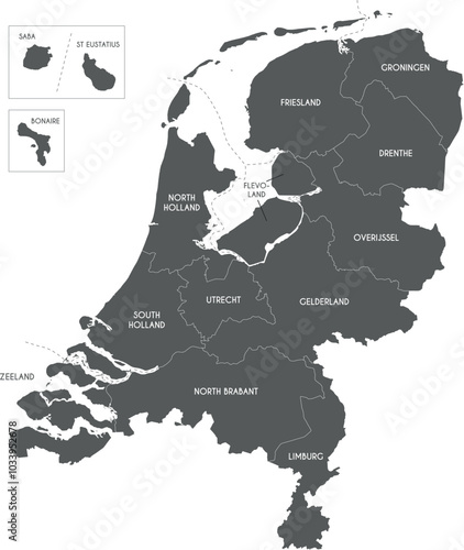 Vector regional map of Netherlands with provinces, Caribbean special municipalities and administrative divisions. Editable and clearly labeled layers.