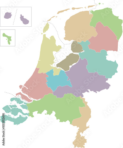 Vector regional blank map of Netherlands with provinces, Caribbean special municipalities and administrative divisions. Editable and clearly labeled layers.