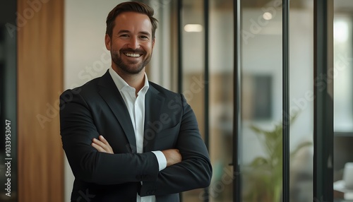 Smiling Businessman Standing in a Modern Office