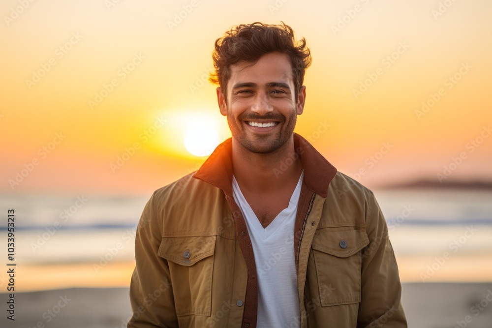 Portrait of a grinning indian man in his 20s sporting a rugged denim jacket isolated in stunning sunset beach background Portrait of a grinning indian man in his 20s sporting a rugged denim jacket isolated in stunning sunset beach background