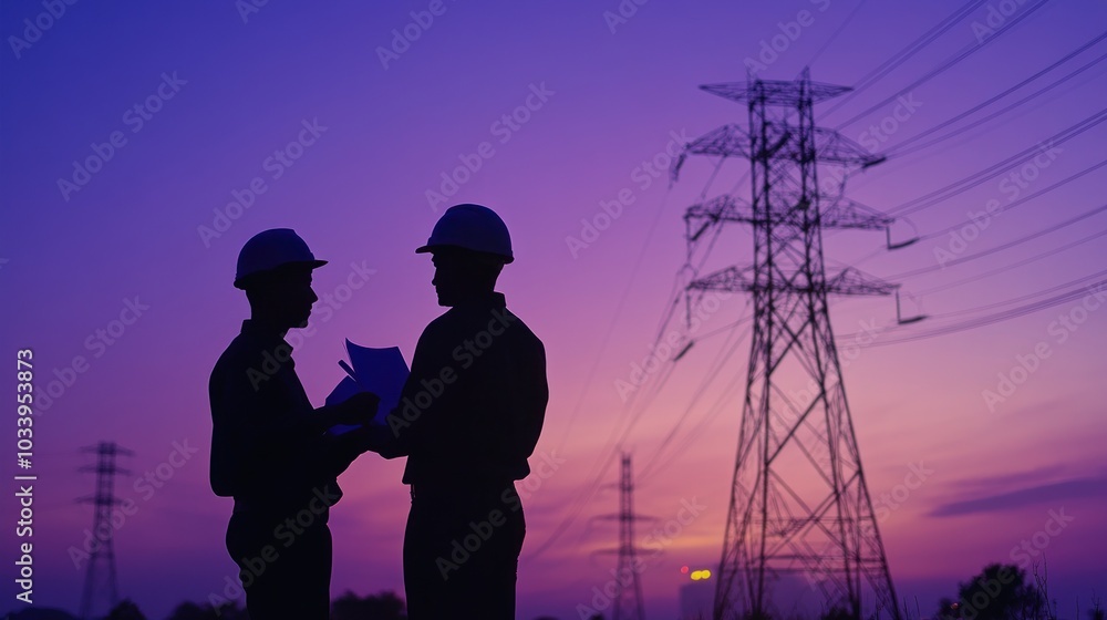 © ellisa_studio - Silhouettes of Engineers Discussing Plans Against a Sunset Sky