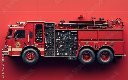 Artistic view of a red fire truck displaying its firefighting equipment, with an emphasis on the hoses and tools necessary for emergency responses