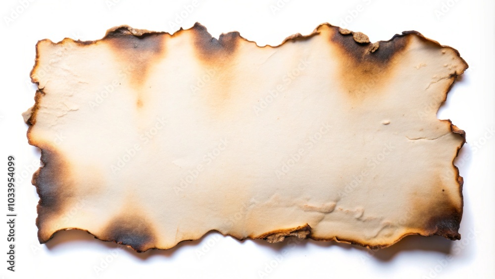 A piece of old parchment paper with burnt edges, set against a clean white background, showcasing its charred texture. A piece of old parchment paper with burnt edges, set against a clean white background, showcasing its charred texture.