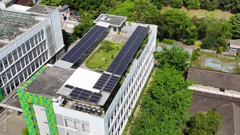 A rooftop garden equipped with solar panels showcases sustainability in an urban landscape A rooftop garden equipped with solar panels showcases sustainability in an urban landscape