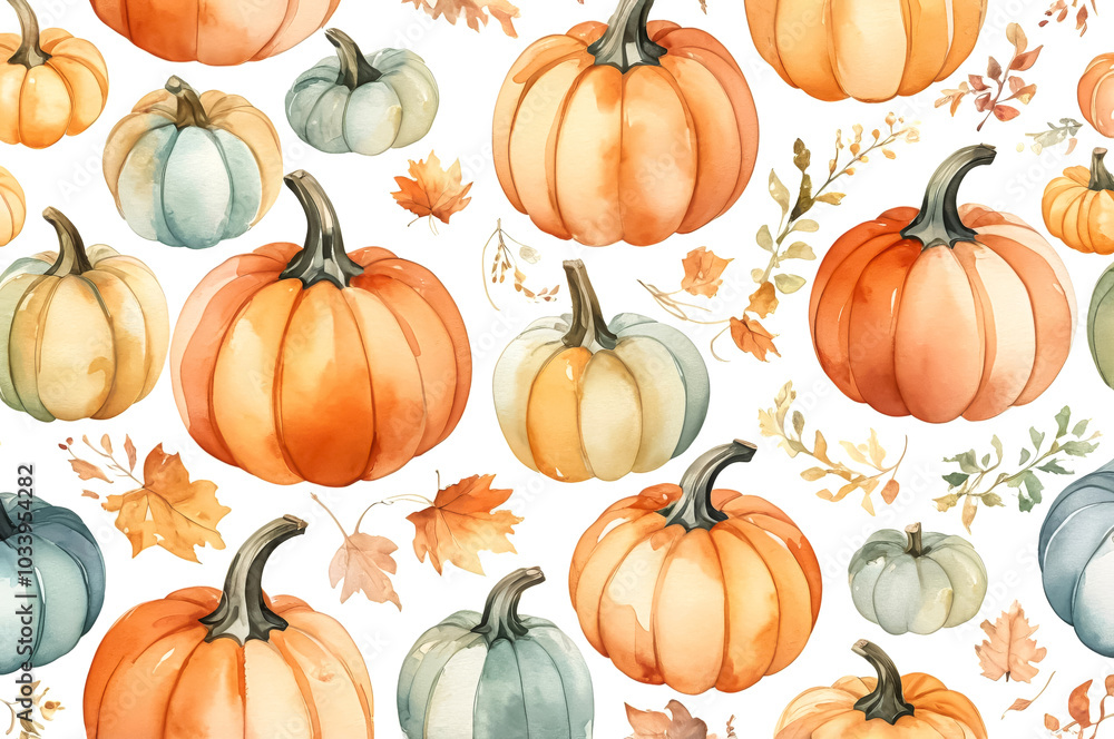 Watercolor Pumpkins and Autumn Leaves Seamless Pattern on White Background Watercolor Pumpkins and Autumn Leaves Seamless Pattern on White Background