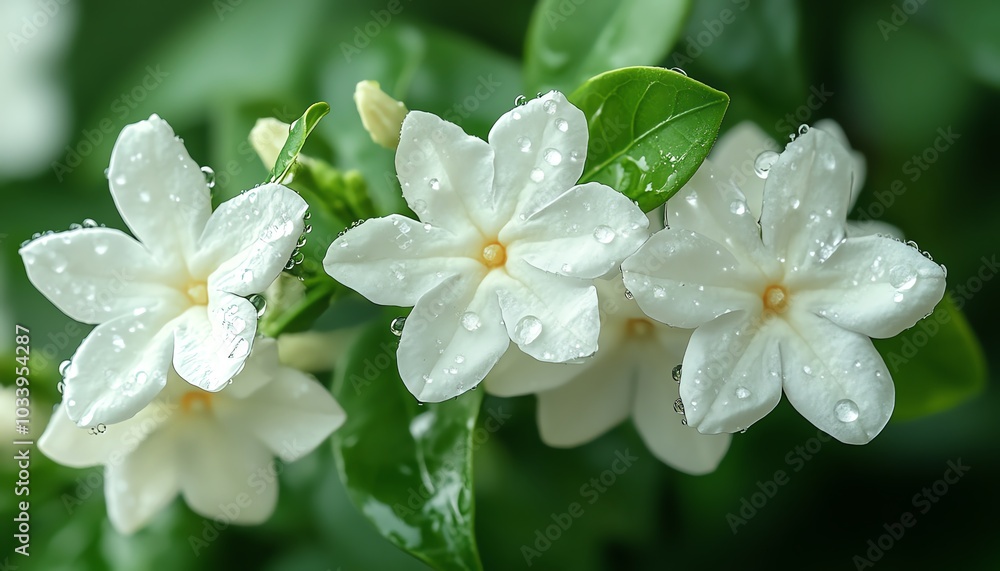 Closeup view of a jasmine flower in full bloom, highlighting its intricate details and rich fragrance, with droplets of water glistening on the petals Closeup view of a jasmine flower in full bloom, highlighting its intricate details and rich fragrance, with droplets of water glistening on the petals