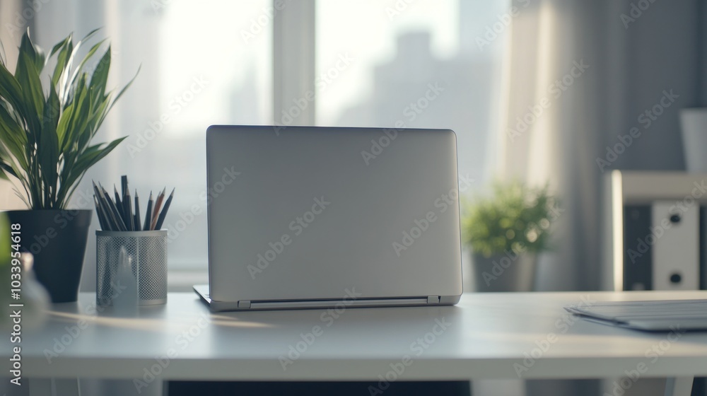 Minimalist Workspace with Laptop and Plants Minimalist Workspace with Laptop and Plants