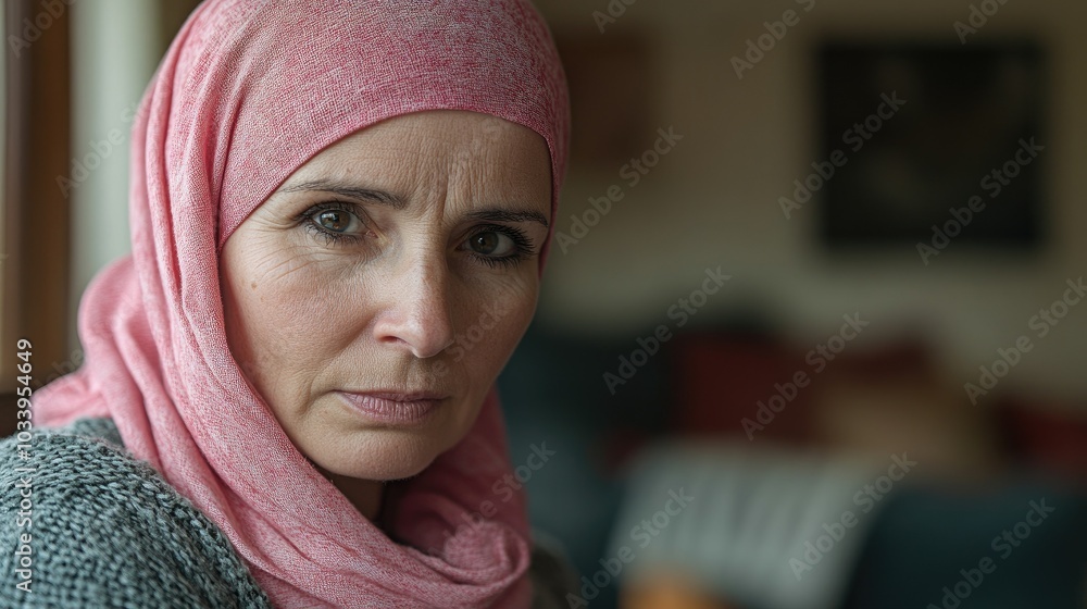 Middle-aged woman in a pink headscarf Women's Breast Breast Cancer Support Middle-aged woman in a pink headscarf Women's Breast Breast Cancer Support