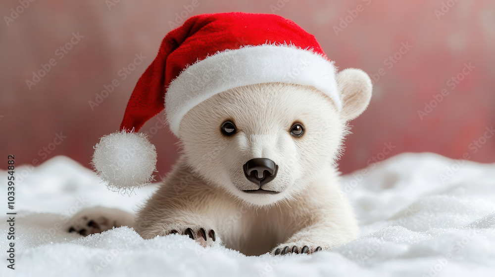 Polar bear cub wearing a Santa Claus hat, playing in the snow, Arctic Christmas, holiday cuteness Polar bear cub wearing a Santa Claus hat, playing in the snow, Arctic Christmas, holiday cuteness
