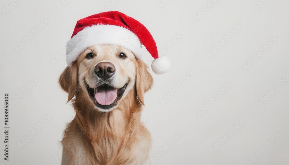 Smiling golden retriever wearing a Santa Claus hat, isolated on a white background, festive pet, holiday cheer Smiling golden retriever wearing a Santa Claus hat, isolated on a white background, festive pet, holiday cheer