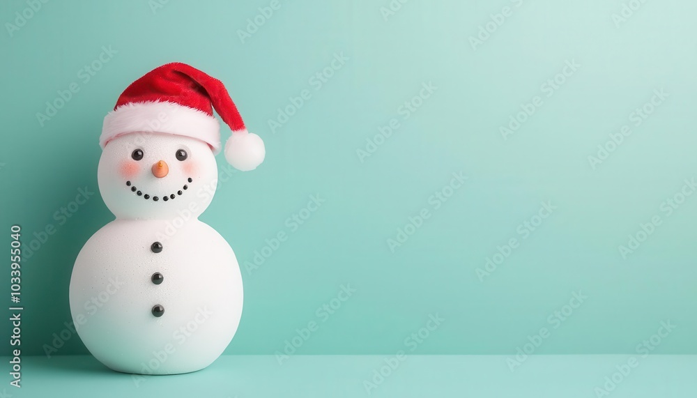 Snowman figure wearing a Santa Claus hat, smiling with coal eyes, isolated on a bright background, holiday decor, Christmas winter wonder Snowman figure wearing a Santa Claus hat, smiling with coal eyes, isolated on a bright background, holiday decor, Christmas winter wonder