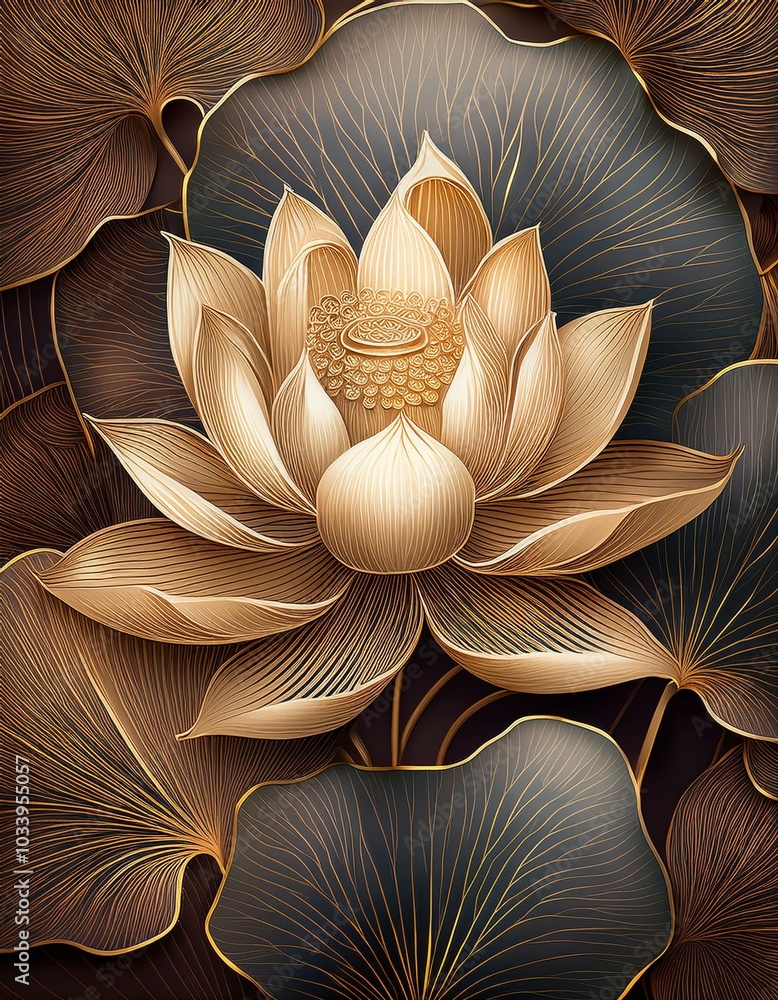 lavish background featuring golden lotus flowers in line art, suitable for wallpapers, natural art pieces, banners, prints, and invitations. Vector illustration lavish background featuring golden lotus flowers in line art, suitable for wallpapers, natural art pieces, banners, prints, and invitations. Vector illustration