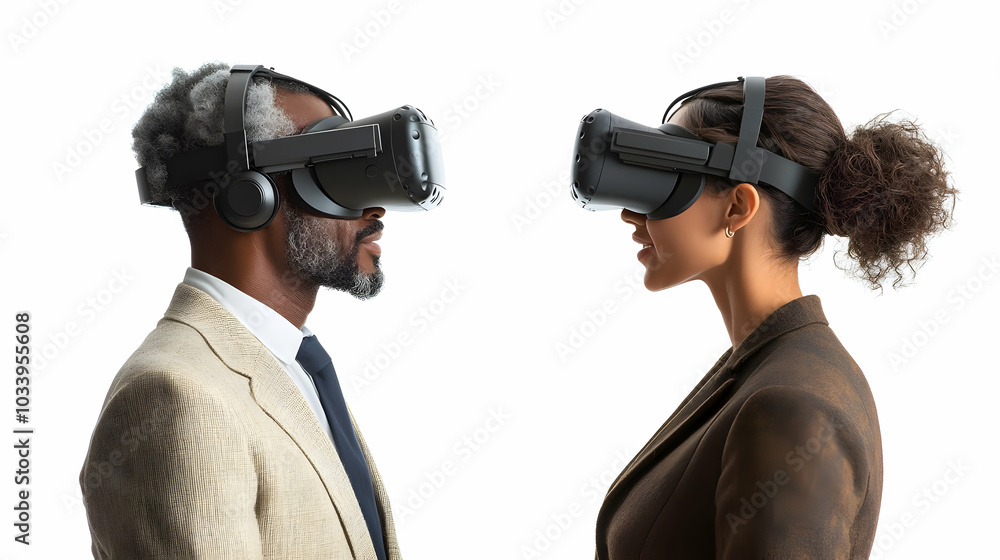 3D Candid Virtual Reality Innovation Session: Professionals Experimenting with Headsets for Environmental Solutions, Capturing Reactions on White Background - ESG Negotiation Highlights 3D Candid Virtual Reality Innovation Session: Professionals Experimenting with Headsets for Environmental Solutions, Capturing Reactions on White Background - ESG Negotiation Highlights