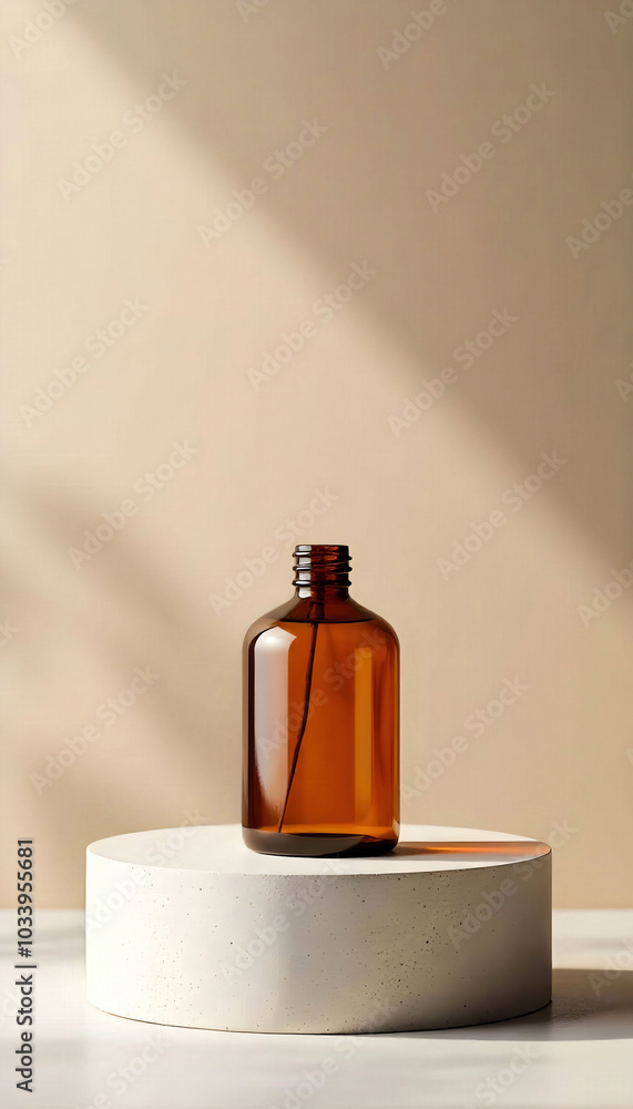 A brown glass bottle designed for an aroma diffuser, elegantly placed on a wooden surface, perfect for enhancing the ambiance with essential oils A brown glass bottle designed for an aroma diffuser, elegantly placed on a wooden surface, perfect for enhancing the ambiance with essential oils