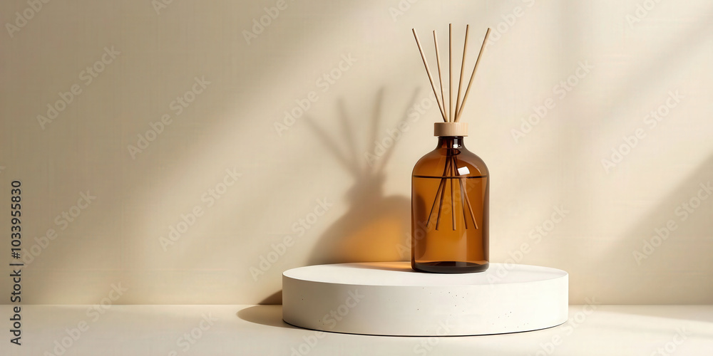 A brown glass bottle designed for an aroma diffuser, elegantly placed on a wooden surface, perfect for enhancing the ambiance with essential oils A brown glass bottle designed for an aroma diffuser, elegantly placed on a wooden surface, perfect for enhancing the ambiance with essential oils