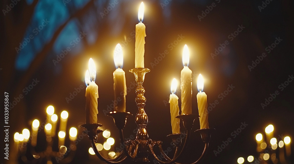 Close-up of a beautifully designed Hanukkah menorah with all candles lit, golden flames glowing brightly. Space for text, advertising, banner. Clear place, copy
Close-up of a beautifully designed Hanukkah menorah with all candles lit, golden flames glowing brightly. Space for text, advertising, banner. Clear place, copy
