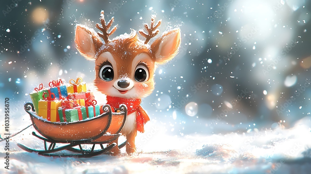 Naklejka premium Cute Chibi Reindeer with Big Eyes and Red Scarf