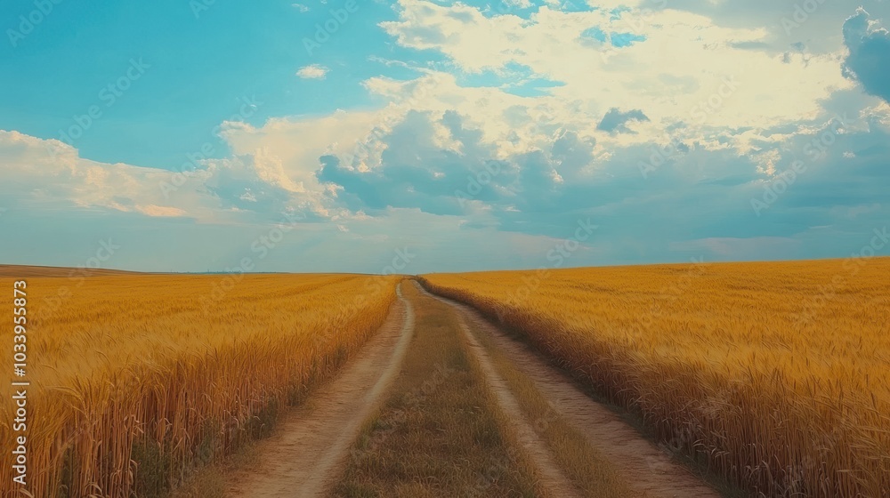 Photo of a golden wheat field with a dirt road, a beautiful sky, and a summer landscape. Photo of a golden wheat field with a dirt road, a beautiful sky, and a summer landscape.