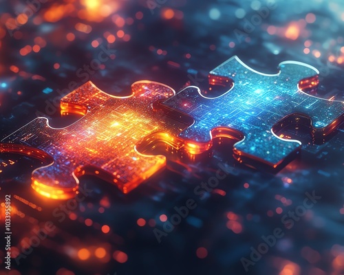 Dynamic digital artwork illustrating the concept of API integration, featuring two puzzle pieces against a glowing abstract background, representing the future of connectivity