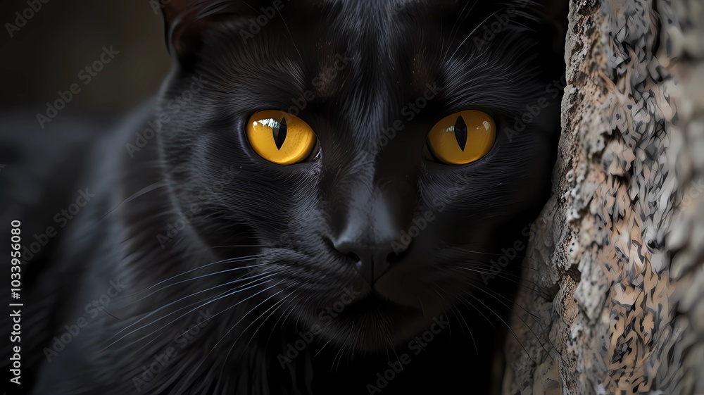 Close-up of a black cat`s yellow eyes Close-up of a black cat`s yellow eyes
