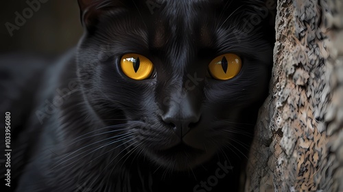 Close-up of a black cat`s yellow eyes