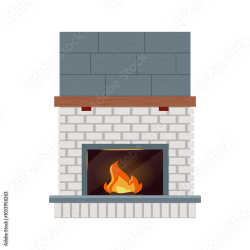 Fireplace lined with white brick and black marble. Cozy winter interior bonfire, burning flame blazing inviting warm fire. Home open hearth for comfort and relaxation. Vector flat illustration