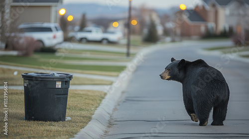 Black bear walking down residential street in Boulder, Colorado, seeking food, climate impact
