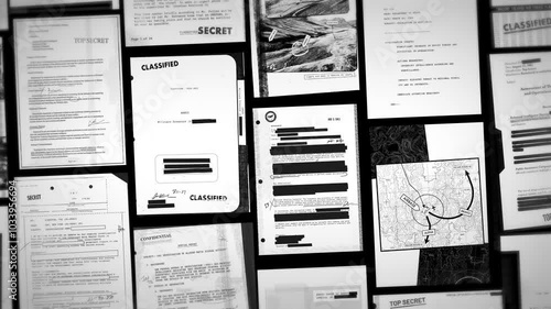 Classified and top secret files and documents passing by with censorship lines. Hidden or cover up sensitive information. Government agency exposed confidential papers of scandal or military activity