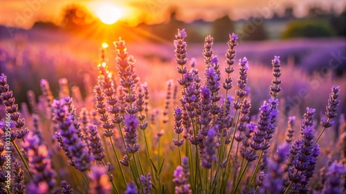 Close-up of lavender flowers in full bloom against a sunset backdrop