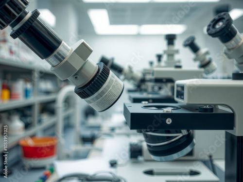 A lab with many microscopes and a few bottles. Scene is scientific and focused