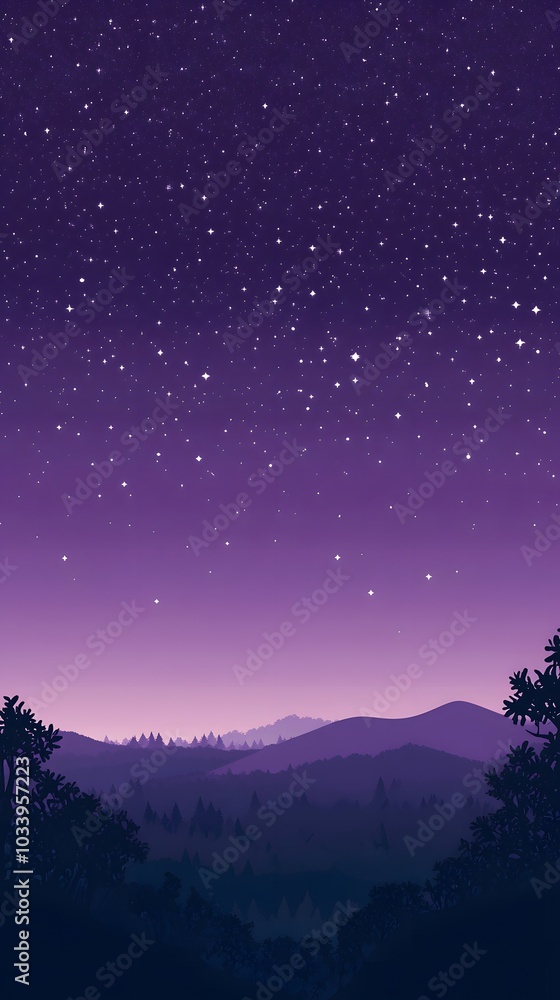 Fototapeta premium A purple sky with stars, a forest on the horizon, in the style of cartoon style, in the style of vector graphics