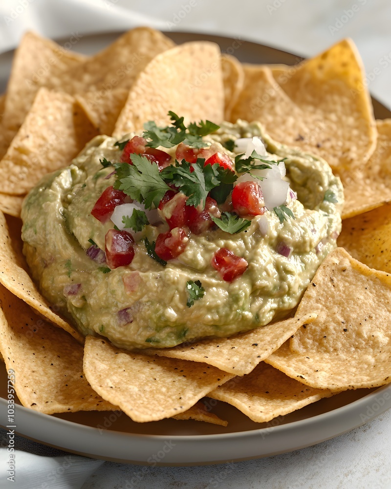 A plate of tortilla chips surrounding a bowl of guacamole topped with fresh ingredients. A plate of tortilla chips surrounding a bowl of guacamole topped with fresh ingredients.