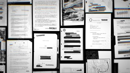 Various classified and official top secret looking documents appear on screen. Flashing and flickering in and out. Many leaked government exposed files or confidential information of sensitive matters